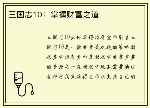 三国志10：掌握财富之道